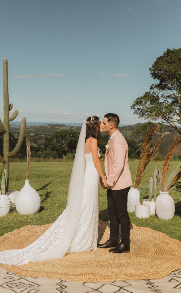 boho, wedding ceremony with cactus arch