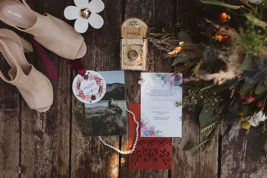 Wedding Details Photography, shoes, invites, necklace, rings, perfume, and bouquet