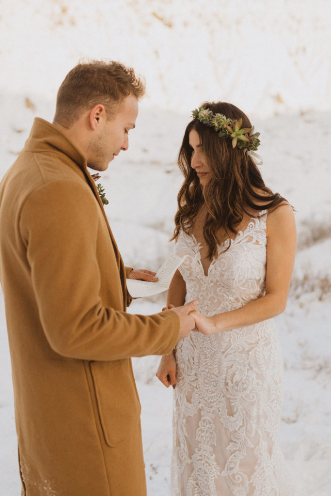 reading vows at winter elopement
