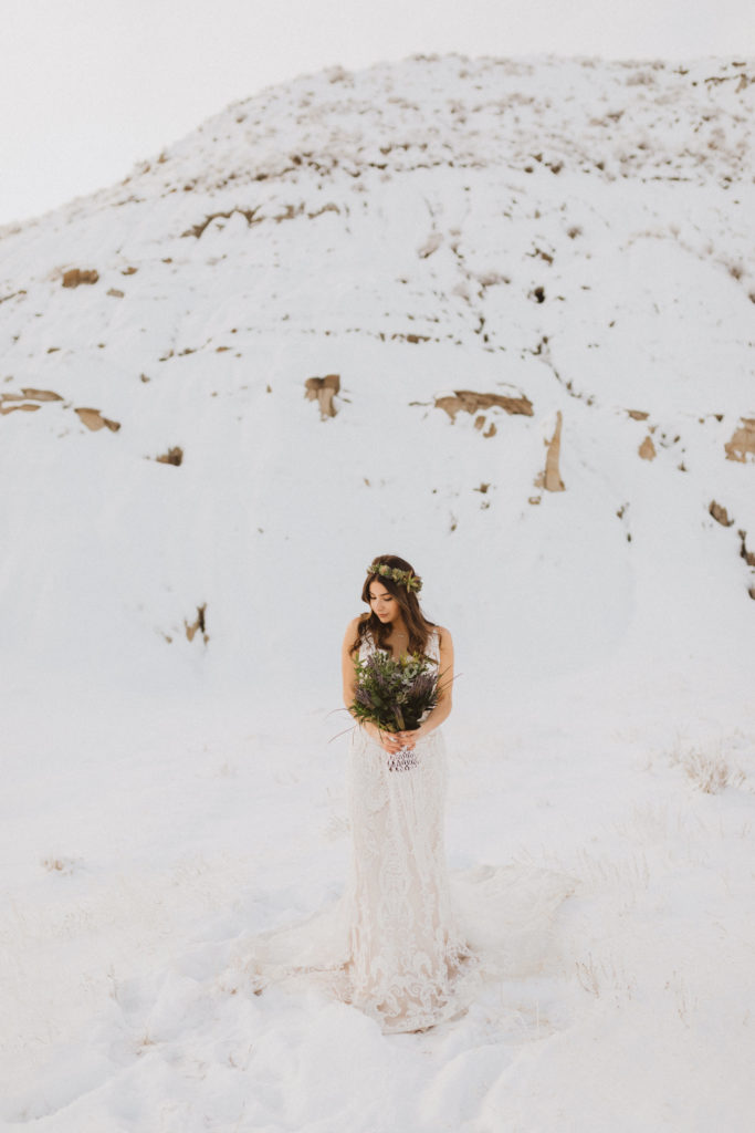 winter bride with succulent bouquet and flower crown