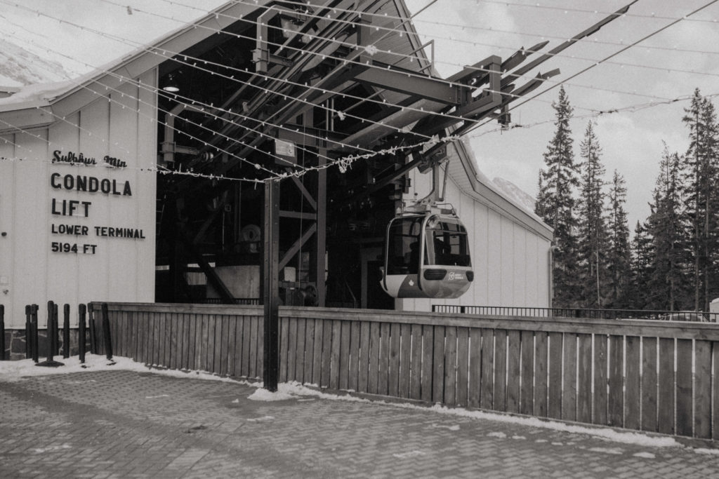 Sulphur mountain Gondola Lift lower terminal. Banff National Park Gondola elopement. Black and white edited film image.