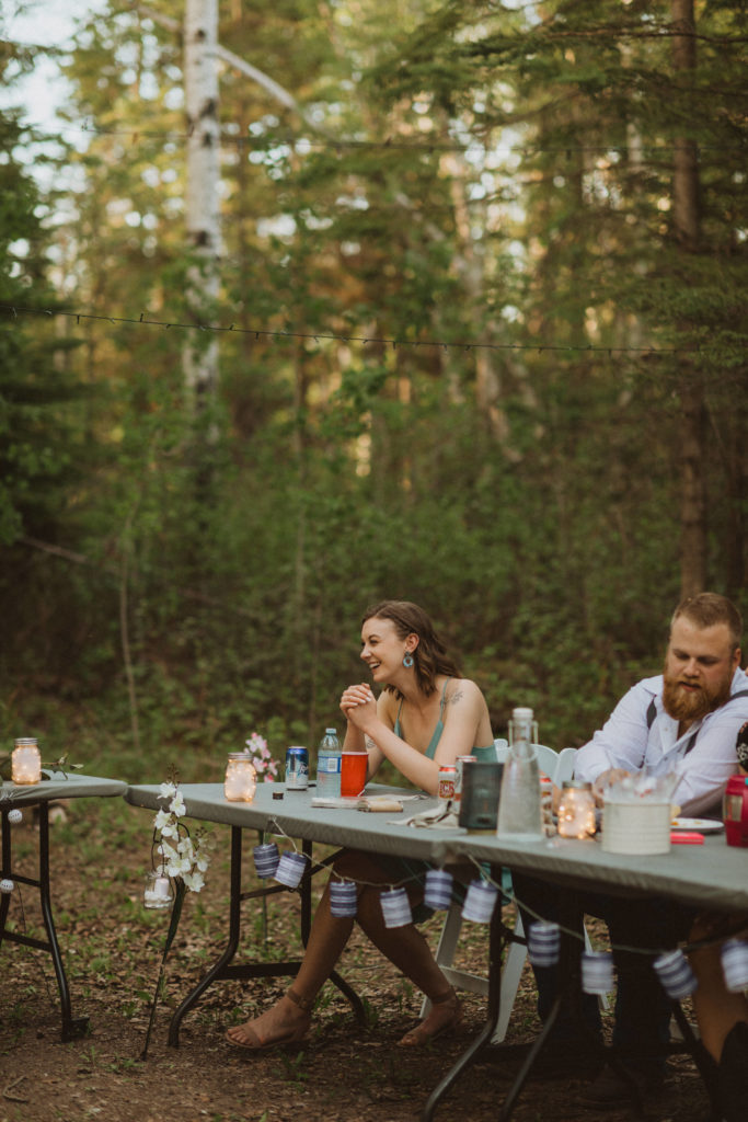 Reception dinner at flora bora. Yurt elopement in the woods.