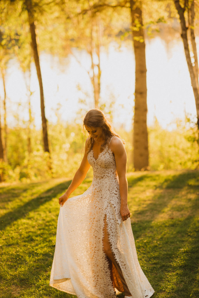 Bride sunset portraits. Elopement at Flora Bora. Lace wedding dress with nude lining from Lulus. Makeup by Beauty Himmel.