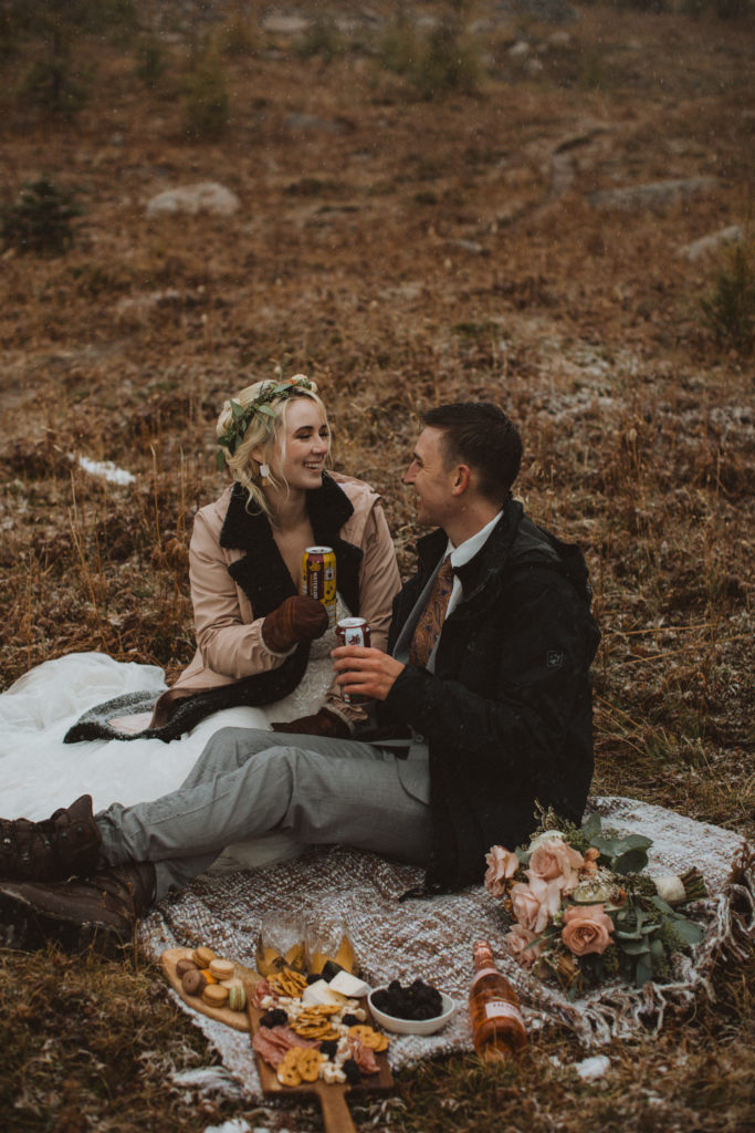 Charcuterie picnic with craft beer on elopement day hike
