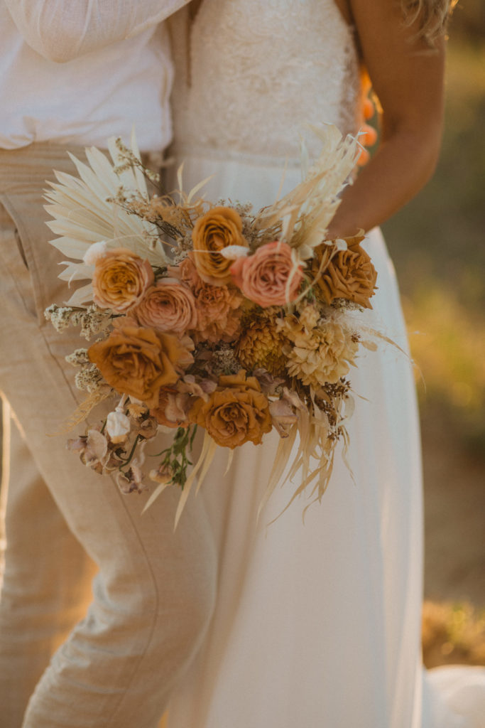 beautiful boho bouquet by Floral and Field with nude toned roses and dried florals